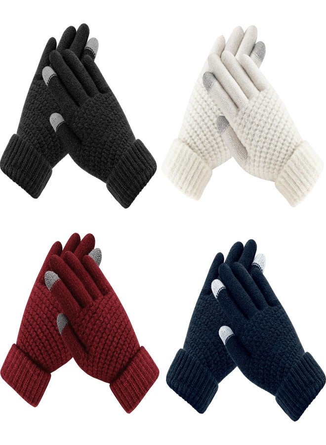 Premillow Womens Winter Gloves - 4 Pairs Touchscreen Winter Gloves for Women, Warm Glove with Elastic Cuff Knit Glove for Women Cold Weather, Black,Blue,Red,White - Image 1